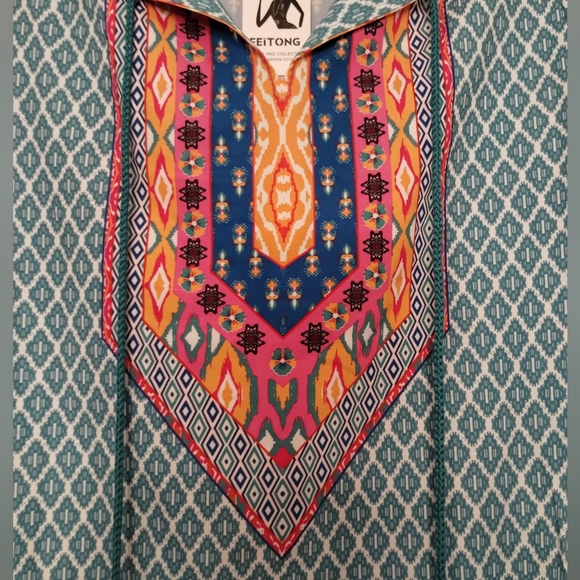 Feitong colorful printed moroccan boho popover mini dress tunic top - Picture 6 of 13